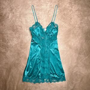 Vintage 70s Tres Chic Sheer Lace Mini Slip Dress Teal Sleeveless Lingerie Tie